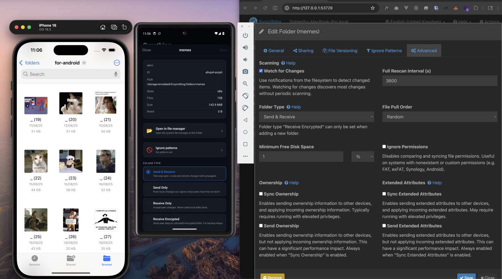 iOS, Android, and desktop Syncthing nodes sharing one folder